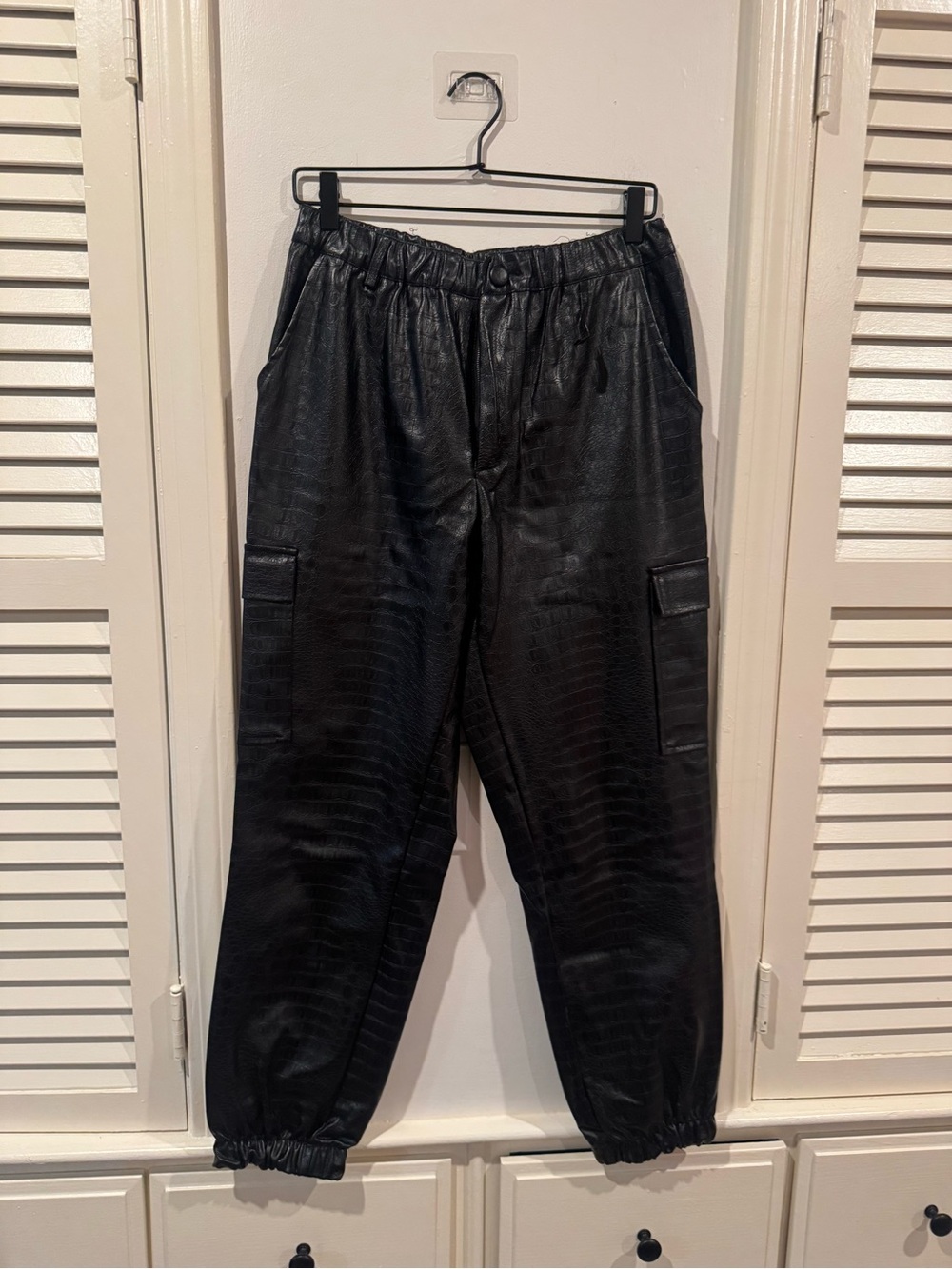 Fashion Nova Black Croc-Embossed Cargo Joggers with Elastic Cuffs